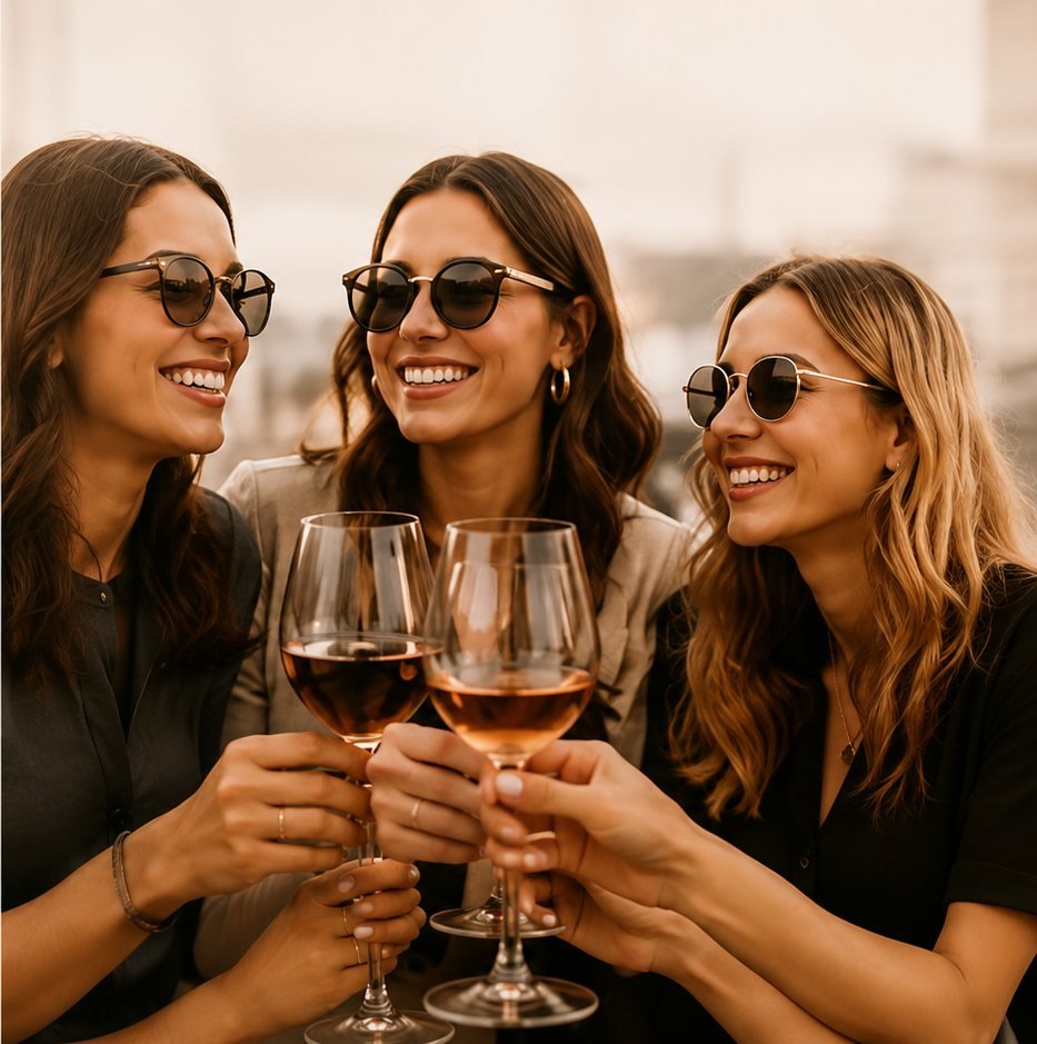 Tres amigas brindando con copas de vino